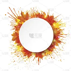 白色的圆纸横幅，色彩斑斓的秋天背景，生动的油漆飞溅和枫叶。