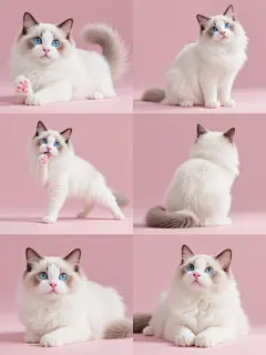 一组6个同系列素材集合，每个元素均为同一只布偶猫，保持其蓬松雪白长毛、渐变浅灰棕色耳朵和尾巴尖、天蓝色杏仁状大眼睛、粉鼻头及粉红色肉垫的核心特征，整体画面采用统一的浅粉色纯色背景，延续原图像的超写实摄影风格，细腻捕捉毛发的纹理质感与光泽，柔和的自然光从上方45度角照射形成轻微阴影增强立体感；6只布偶猫分别呈现完全不同的造型与角度：1. 正面坐姿歪头看镜头，2. 左侧卧姿舔舐爪子，3. 站立伸懒腰，4. 背面蹲坐尾巴圈成圆形，5. 右侧躺露出肚皮，6. 趴在地面前爪交叠抬头望向上方；6个元素以2行3列的规整