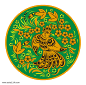 黄色橙色花卉鸟类图案绿底适合圆形纹样图案花纹