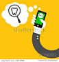 Tooth in magnifying glass in social app phone of hand on yellow background vector icon. Dental e-commerce concept vector.