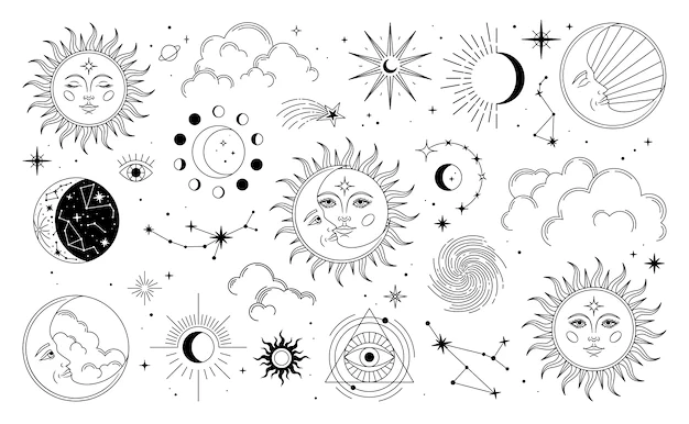 一组太阳、月亮、星星、云彩、星座和深奥的...