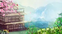 古风山水建筑凉亭荷花风景点插画海报背景