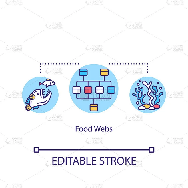 食物网概念图标。能源生产者和消费者。水生动植物。海洋食物链理念细线插图。矢量隔离轮廓RGB彩色绘图。
