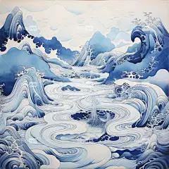 传统的青花瓷风格水墨风景画。该画以山和驱动器为主题山脉起伏海报-图巨人