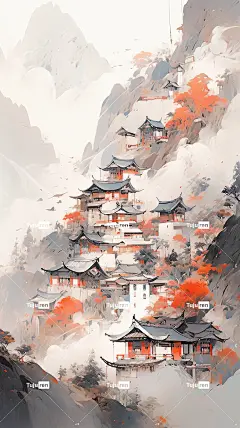 宗教建筑中国山村重叠的山峰海报