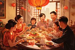 复古室内年夜饭春节新年人物油画图片