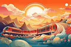 铁路铁轨国潮春运喜庆火车插画