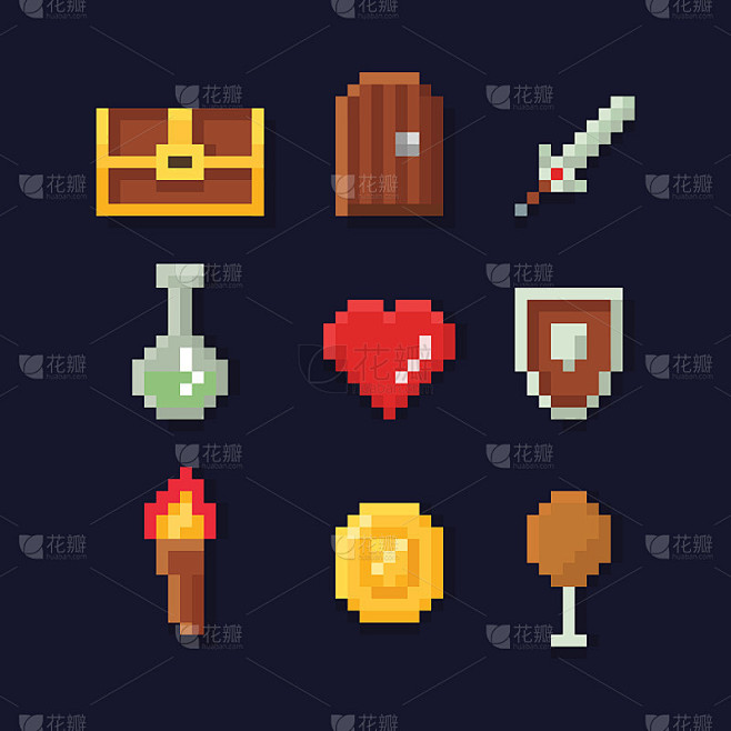 Vector pixel art illustration isons for fantasy ad