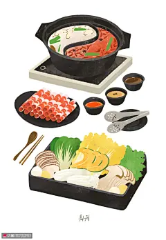 青菜羊肉卷小调料鸳鸯火锅美食插画食品插画素材下载-优图网-UPPSD