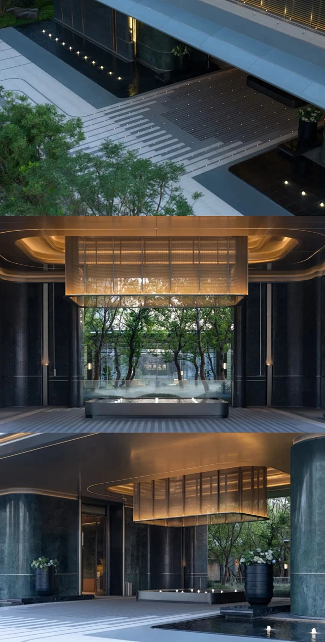 西安中海·未来之境示范区 入口迎宾华堂，可驻足畅观，宛若画境。水景对称，倒映门头，林木左右掩映，尽显青绿之美。步入其间，石道整齐，微光点点 ...