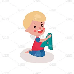 可爱的金发小男孩坐在地板上玩字母A，孩子通过乐趣学习和玩彩色卡通矢量插画