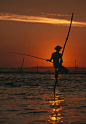 夕阳下的高跷渔夫图片下载