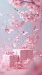 2 pink gift boxes in the front, many Elegant and delicate pink butterflies fluttering, light pink background, Pink Flowers, minimalist, in the style of luminous and dreamlike scenes, light pink and white, flickr, y2k aesthetic, soft and dreamy depictions,