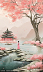 桃花盛开  宫廷建筑背景   远处站着一个粉衣少女背景 (3)