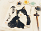 宣纸猫咪手绘插画图片