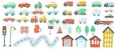 大面积的城市元素平面简单的卡通风格手绘。汽车，道路，交通信号灯。矢量图
