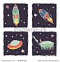 Set of cartoon space elements: rockets, spaceships and stars. Childish background. Vector illustration.