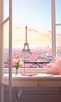 Paris desktop view 3d render, in the style of feminine imagery, soft edges and blurred details, romantic manga, pinkcore, windows vista, selective focus, architectural illustrator