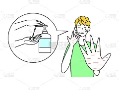 皮肤护理可爱的男人伤心与手粗糙的皮肤与酒精消毒插画简单向量皮肤护理。一个可爱的家伙，他很伤心，因为他