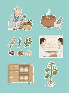 六个规整排布的手绘卡通风格中医中药元素系列插画，每个元素独立呈现于纯色背景上，保持一致的清新淡雅配色、平滑线条和简洁造型。第一个画面是身着传统服饰的老中医手持药草仔细辨认，身旁放着药篮与翻开的医书；第二个画面为砂锅中药汤正冒着热气，旁边摆放着研钵和药杵；第三个画面展示几味不同形态的中药饮片整齐排列，包括根茎类和花叶类药材；第四个画面是中医诊脉场景，医者手指搭在患者手腕上，背景有脉诊图示意；第五个画面呈现药柜抽屉被拉开，露出内部存放的贴有标签的药罐；第六个画面为一株完整的中草药植株，根部、茎、叶、花清晰可见