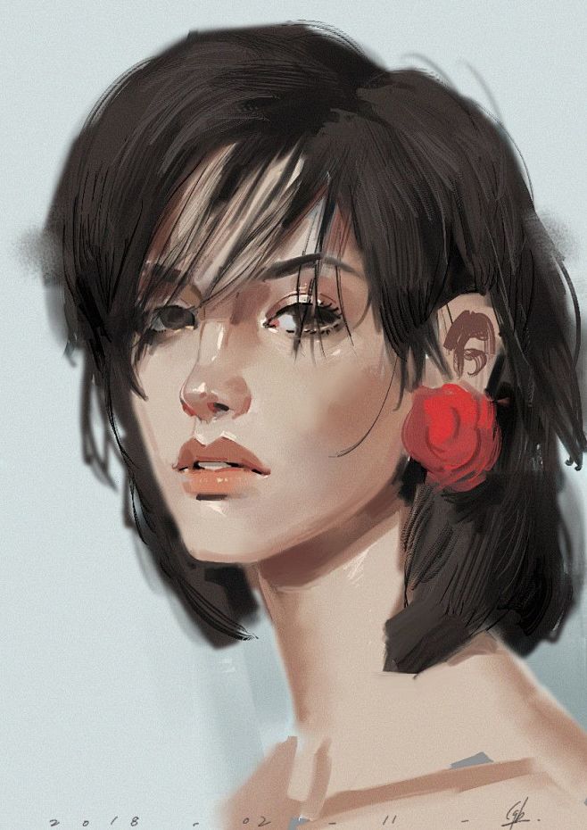 artstationqingbincao厚涂角色头像长发美女149p28m