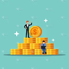 金字塔的硬币。成功的概念和金钱的增值。小人物以美元为背景。平面矢量插图孤立。