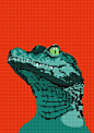 This may contain: the head of an alligator is shown in this cross stitch pattern, with red background