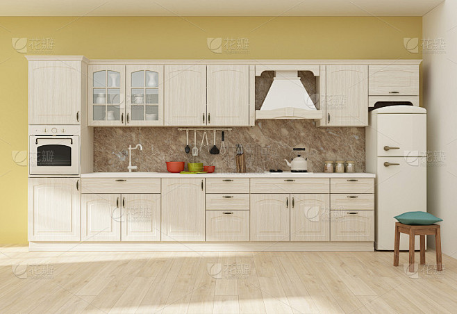 厨房内部在经典风格的3D渲染