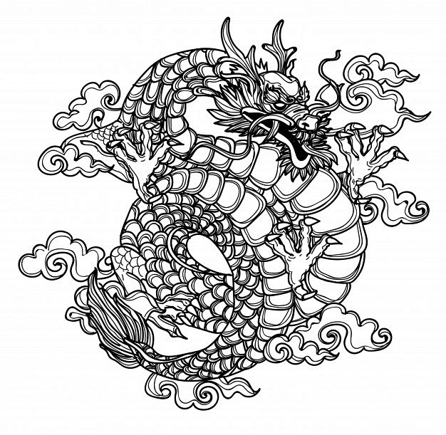 中国龙纹身花纹图形黑白线稿插画矢量图