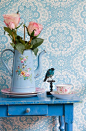 Such a wonderfully cheerful soft pink, sky blue, and crisp white colour palette. #flowers #vintage #home #decor #bird