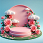 A pink podium on the grass surrounded by roses, with a sky blue background, in the cartoon style, rendered in C4D, as a 3D scene displaying a product, with soft lighting creating a dreamy atmosphere with high saturation and clear details, using a pink ton