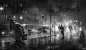 CGwall游戏原画网站_雨夜枪杀黑白画，光晕，雨点
