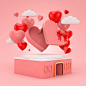 3d 渲染心漂浮在情人节的粉红色浪漫背景上。