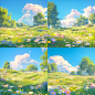 3d rendered digital illustration of flowers grass and trees, in the style of 32k uhd, kawaii art , pastoral landscape, blender --niji 6