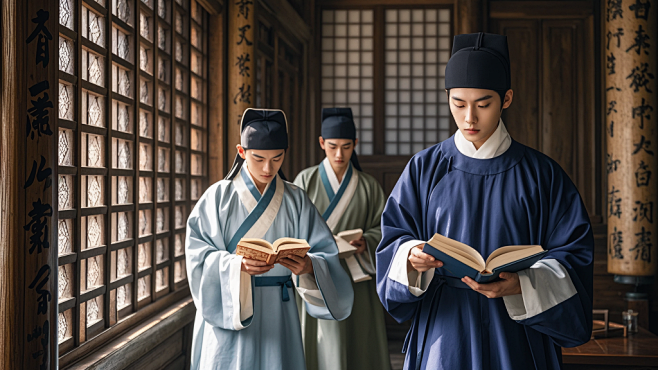 人像摄影；几位书生在古代书院读书，真人实拍，表情丰富