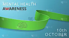 现实的石灰绿丝带。宣传精神健康月海报。矢量插图。世界精神卫生日团结概念。人类大脑图标。