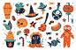 Happy halloween design elements. halloween clipart with witch hat, pumpkin, mushroom, broom, gravestone, sweets, witches cauldron, moon, poison, sweets, tomb, cauldron, mandragora, beans, stars.