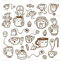 Set with cute cartoon mugs and tea. Funny drink pr