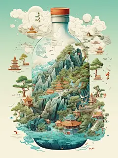 一瓶天地·中国山水画卷·酒水饮料包装插画 - 小红书