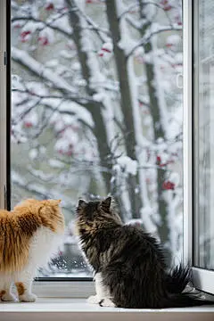 点击来源直接获取大图文件 |The Persian cats look out of the window on the winter park with trees