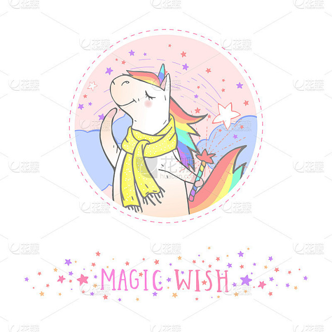 Vector sticker or icon with hand drawn cute unicor