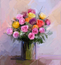 一束花静物。油画红色和黄色玫瑰鲜花插在花瓶里。手绘花卉在柔和的色调，模糊的风格背景