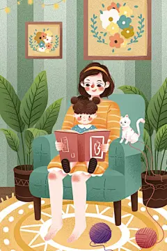 温馨亲子阅读母亲与小女孩读书插画
