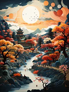 一幅展示河流、中国古代村落、中国古代建筑的油画，设计风格俏皮