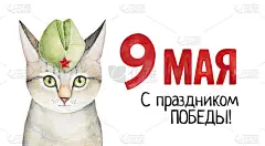 5月9日胜利日海报与小猫字符在草帽和节日标志题词在俄语。