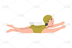 在游泳池游泳的女孩，可爱的孩子游泳人物穿着绿色泳衣和帽子在游泳课训练，健康的生活方式，水活动概念卡通