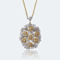 吊坠胸针 - 双花瓶 - 艺术系列 - Buccellati : 鲜花总是给布契拉提带来灵感，这个胸针/吊坠完美地展示了“House”工艺， 生动再现自然之美。 含羞草懒洋洋地花瓶中伸展出来，赋予胸针新的活力。七朵黄金花瓣镶饰完美切割的钻石，与闪耀黄金交相辉映，尽显非凡大胆。 中央以白金镶钻打造极致边框，尽显皇室奢华。