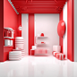 beauty and skin care broadcast room background, red and white, sense of space, clean and simple, 618 big promote style, gift box, lighting design, 4k, oc rendering