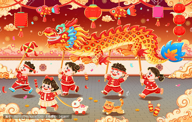 中国风喜庆春节新年舞龙福娃插画