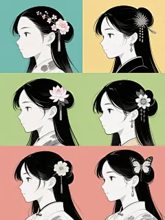 六个不同纯色背景（每个背景颜色完全不同）的系列插画集合，规整排布成一行或两行。每张插画均为日系动漫风格的女性侧脸头像，采用细腻流畅的黑色线条勾勒，局部阴影用灰色水墨风格晕染，保持与原图一致的线条粗细变化和笔触质感。所有角色均为长发造型，佩戴不同样式的传统发饰（如樱花、牡丹、梅花、莲花、菊花、蝴蝶等）和耳环，穿着带有不同领口细节的传统服饰衣领。整体构图统一为头部微微侧倾，目光看向画面左侧，保持原作的优雅恬静氛围，画面简洁干净，无任何文字和多余元素。